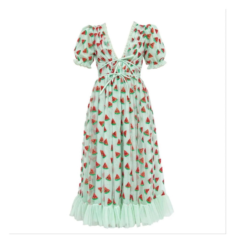 Lirika Matoshi Watermelon Print Dress in Mint Green and Red